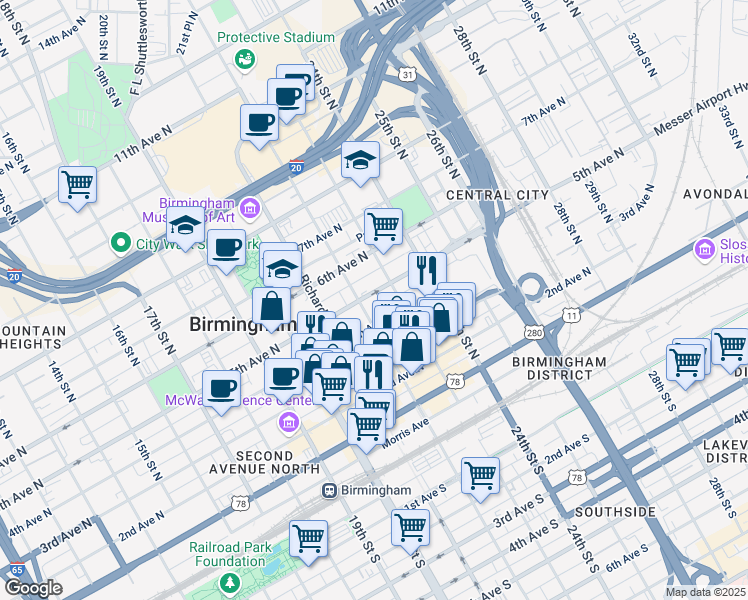map of restaurants, bars, coffee shops, grocery stores, and more near 417 22nd Street North in Birmingham