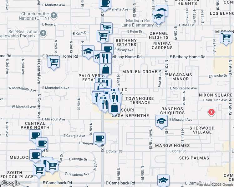 map of restaurants, bars, coffee shops, grocery stores, and more near 5615 North 7th Street in Phoenix