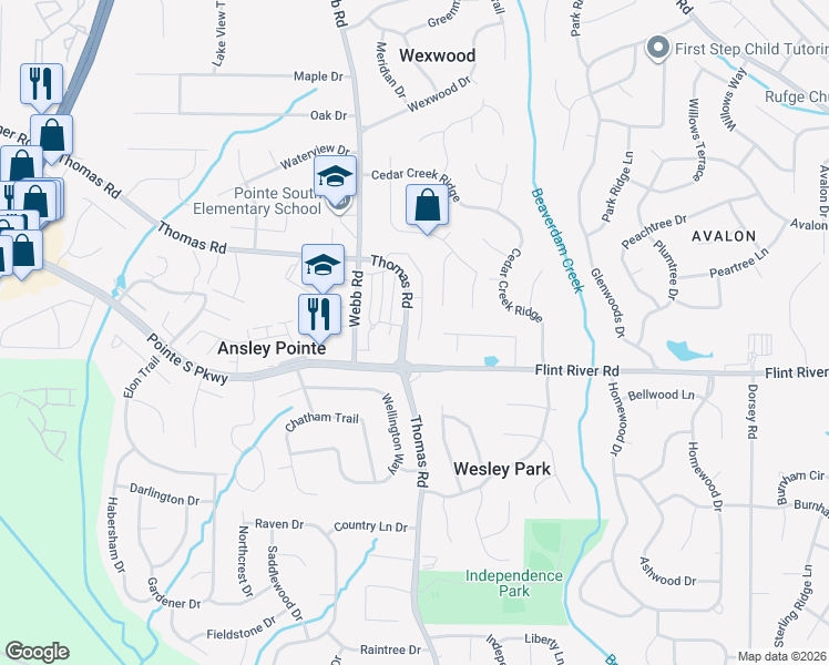 map of restaurants, bars, coffee shops, grocery stores, and more near 529 Flint River Road in Riverdale