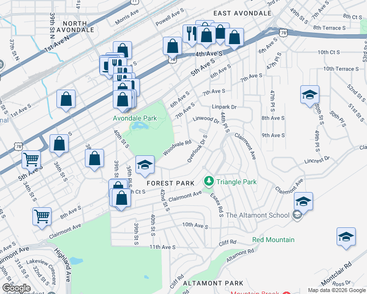 map of restaurants, bars, coffee shops, grocery stores, and more near 4248 Overlook Drive South in Birmingham