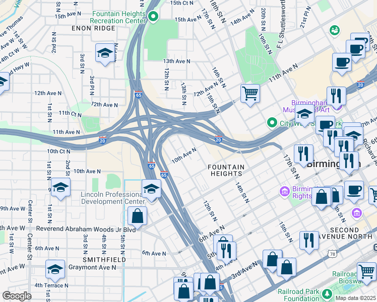 map of restaurants, bars, coffee shops, grocery stores, and more near 931 12th Street North in Birmingham