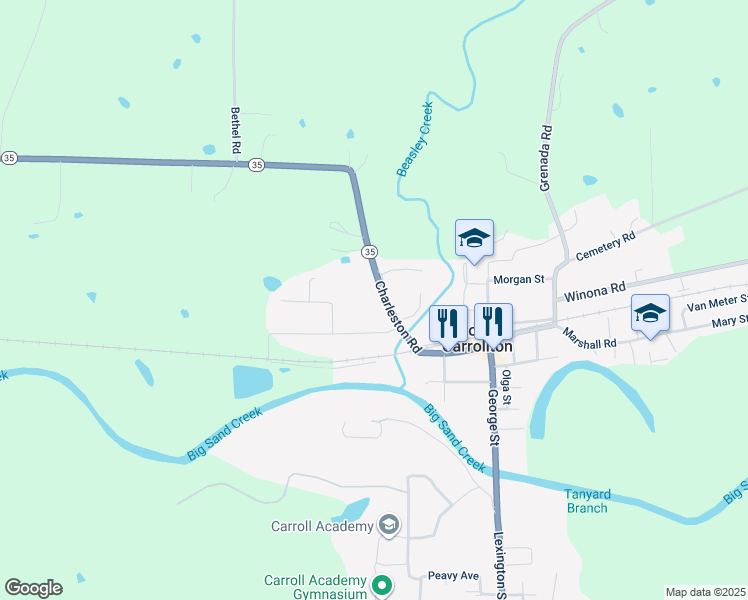 map of restaurants, bars, coffee shops, grocery stores, and more near 609 Charleston Road in North Carrollton