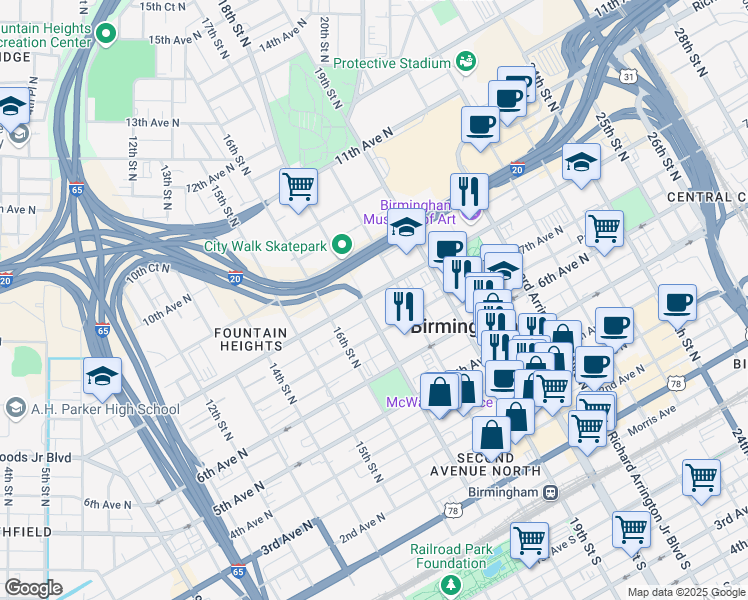 map of restaurants, bars, coffee shops, grocery stores, and more near 600 18th Street North in Birmingham