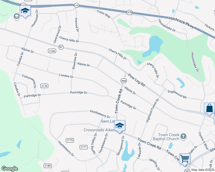 map of restaurants, bars, coffee shops, grocery stores, and more near 1716 Lundee Drive in Aiken