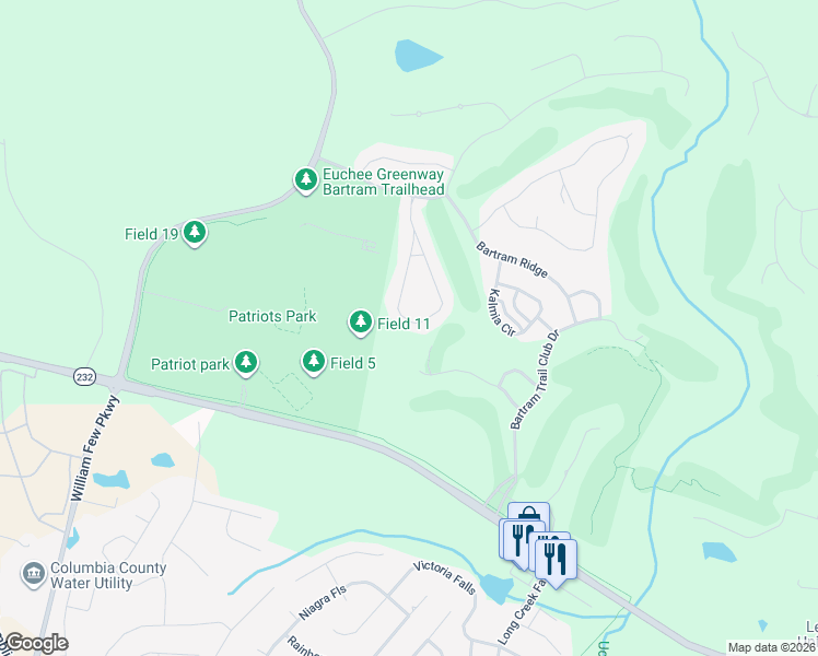 map of restaurants, bars, coffee shops, grocery stores, and more near 5631 Sunbury Loop in Evans