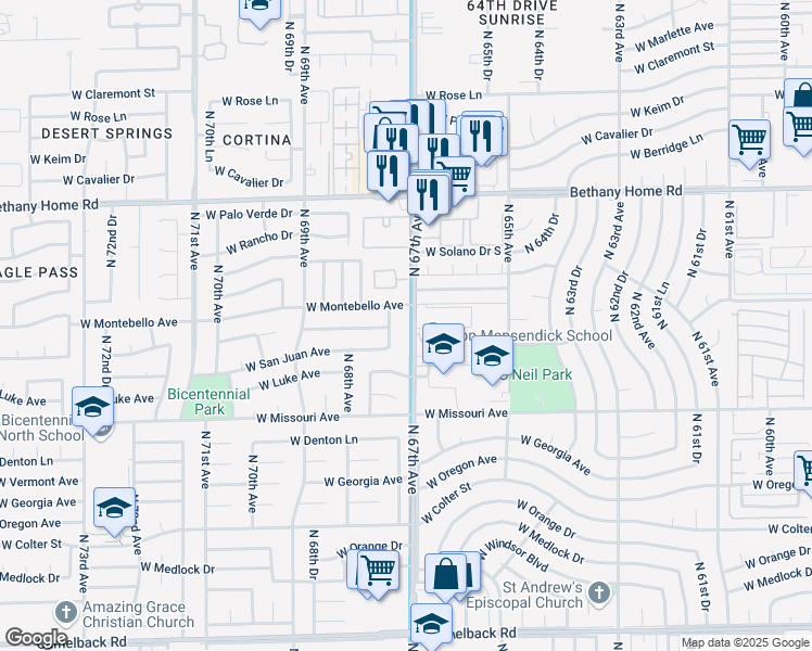 map of restaurants, bars, coffee shops, grocery stores, and more near 5604 North 67th Avenue in Glendale