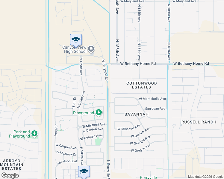 map of restaurants, bars, coffee shops, grocery stores, and more near 5712 North 186th Drive in Litchfield Park
