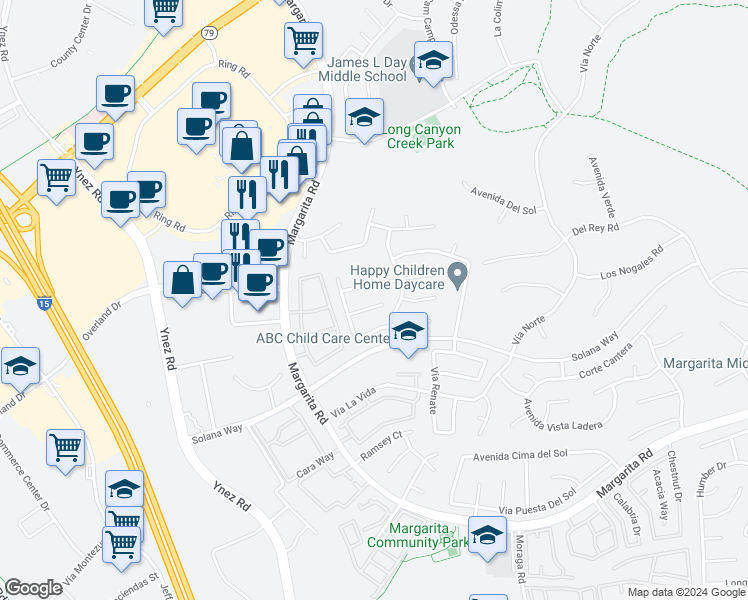 map of restaurants, bars, coffee shops, grocery stores, and more near 29640 Nightcrest Circle in Temecula