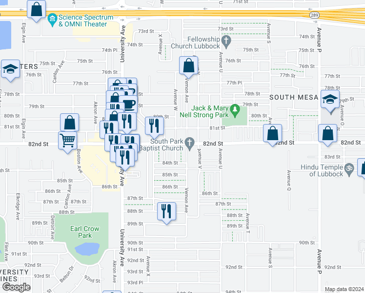map of restaurants, bars, coffee shops, grocery stores, and more near 8202 Vernon Avenue in Lubbock