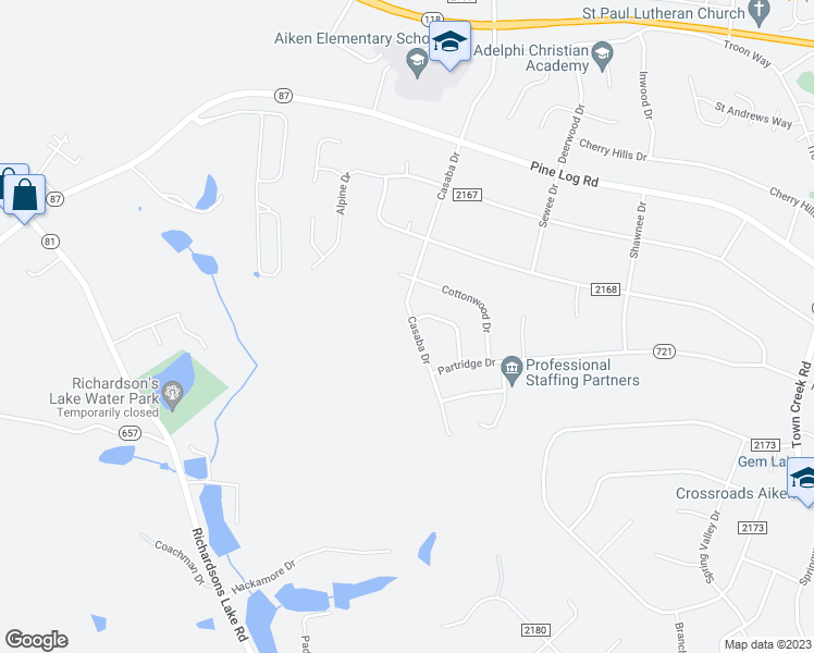 map of restaurants, bars, coffee shops, grocery stores, and more near 2323 Casaba Drive in Aiken