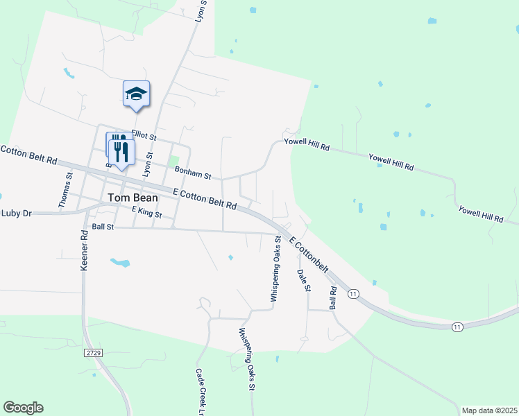 map of restaurants, bars, coffee shops, grocery stores, and more near 10171 Texas 11 in Tom Bean