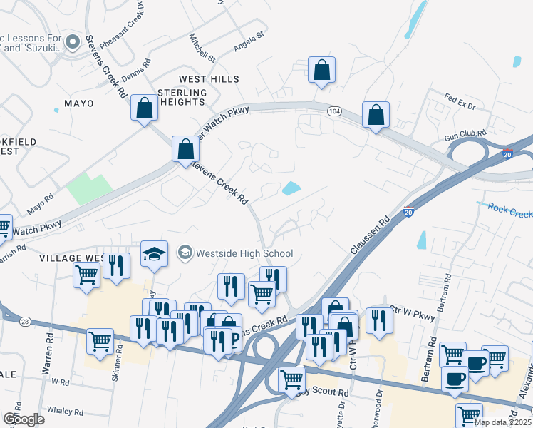 map of restaurants, bars, coffee shops, grocery stores, and more near 1017 Stevens Creek Road in Augusta