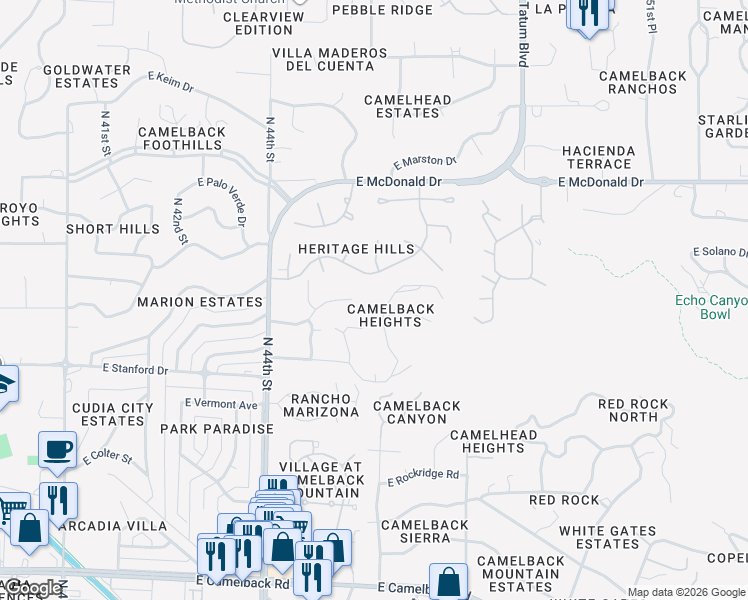 map of restaurants, bars, coffee shops, grocery stores, and more near 5607 North Camelback Canyon Place in Phoenix