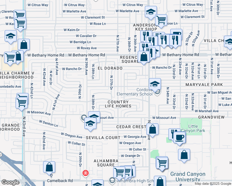 map of restaurants, bars, coffee shops, grocery stores, and more near 5627 North 37th Avenue in Phoenix