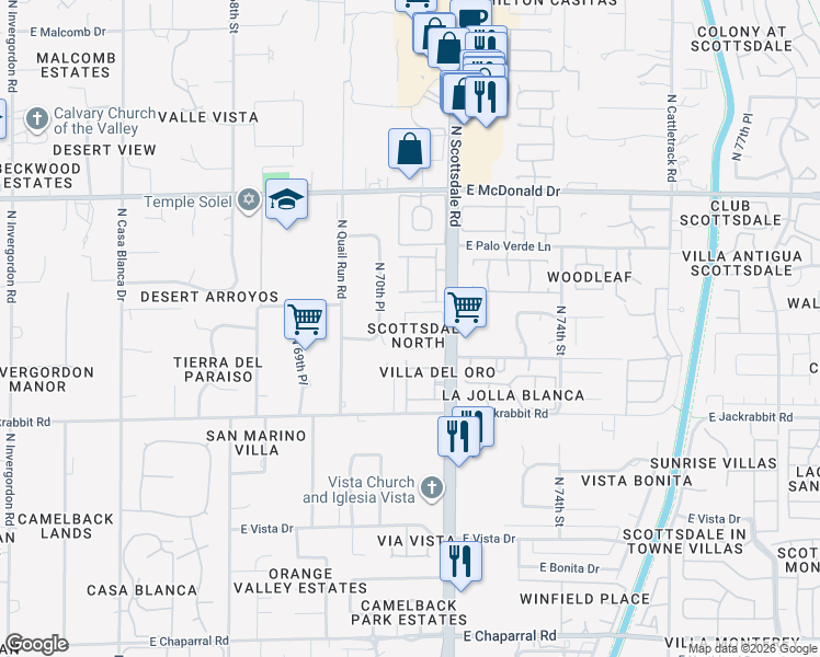 map of restaurants, bars, coffee shops, grocery stores, and more near 5610 North Scottsdale Road in Paradise Valley