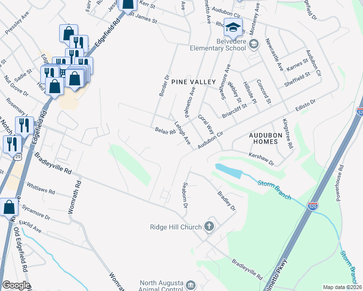 map of restaurants, bars, coffee shops, grocery stores, and more near 809 Audubon Circle in North Augusta