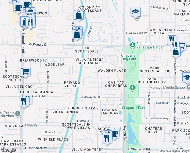 map of restaurants, bars, coffee shops, grocery stores, and more near 7754 East Valley View Road in Scottsdale