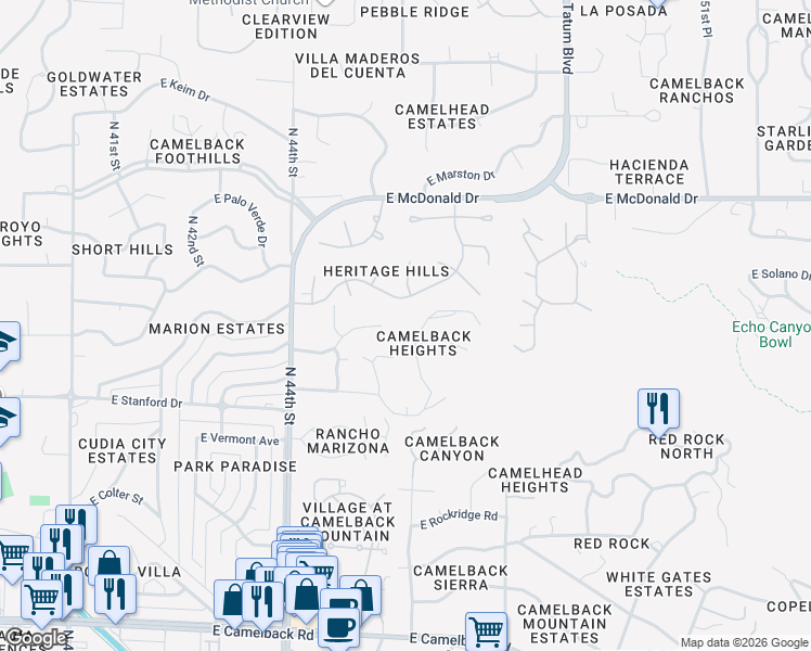 map of restaurants, bars, coffee shops, grocery stores, and more near 5607 North Camelback Canyon Place in Phoenix