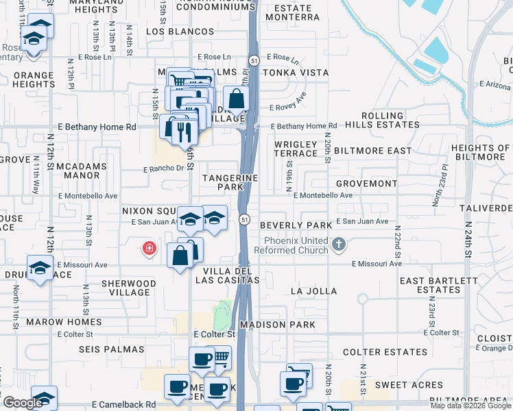 map of restaurants, bars, coffee shops, grocery stores, and more near 1738 East San Juan Avenue in Phoenix