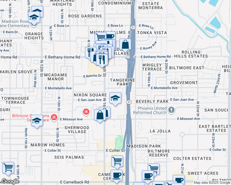 map of restaurants, bars, coffee shops, grocery stores, and more near 5627 North 16th Street in Phoenix