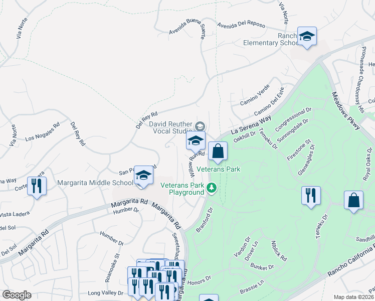 map of restaurants, bars, coffee shops, grocery stores, and more near 41440 Willow Run Road in Temecula