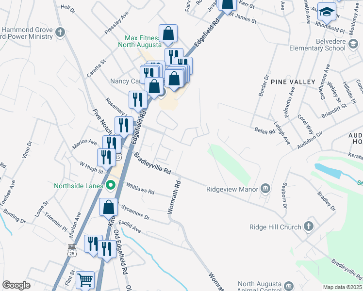 map of restaurants, bars, coffee shops, grocery stores, and more near 128 Chalet North Court in North Augusta