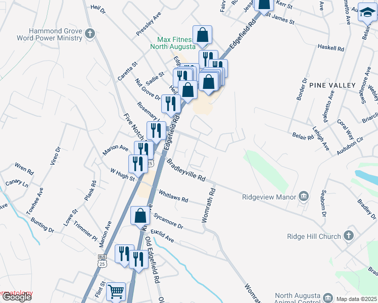 map of restaurants, bars, coffee shops, grocery stores, and more near 400 Swiss Street in North Augusta