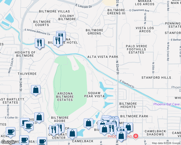 map of restaurants, bars, coffee shops, grocery stores, and more near 97 Biltmore Estate in Phoenix