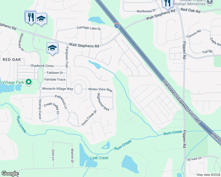 map of restaurants, bars, coffee shops, grocery stores, and more near 523 Winter View Way in Stockbridge