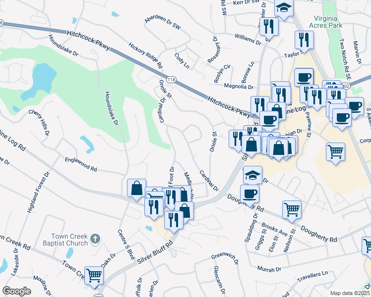 map of restaurants, bars, coffee shops, grocery stores, and more near 615 Cardinal Drive in Aiken