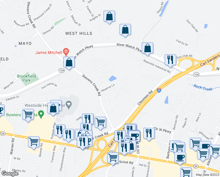 map of restaurants, bars, coffee shops, grocery stores, and more near 2050 Reserve Lane in Augusta