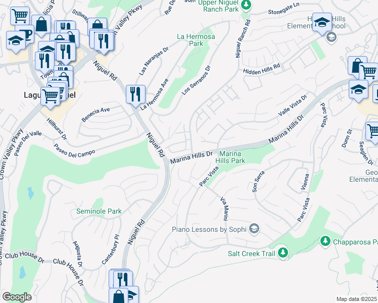 map of restaurants, bars, coffee shops, grocery stores, and more near 2 Cala Moreya Street in Laguna Niguel