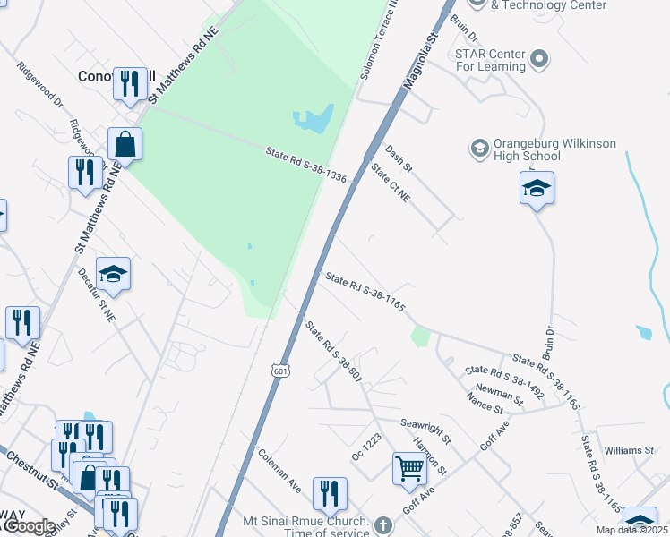 map of restaurants, bars, coffee shops, grocery stores, and more near 2786 Magnolia Street in Orangeburg