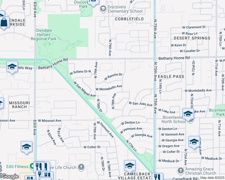 map of restaurants, bars, coffee shops, grocery stores, and more near 7817 West San Miguel Avenue in Glendale