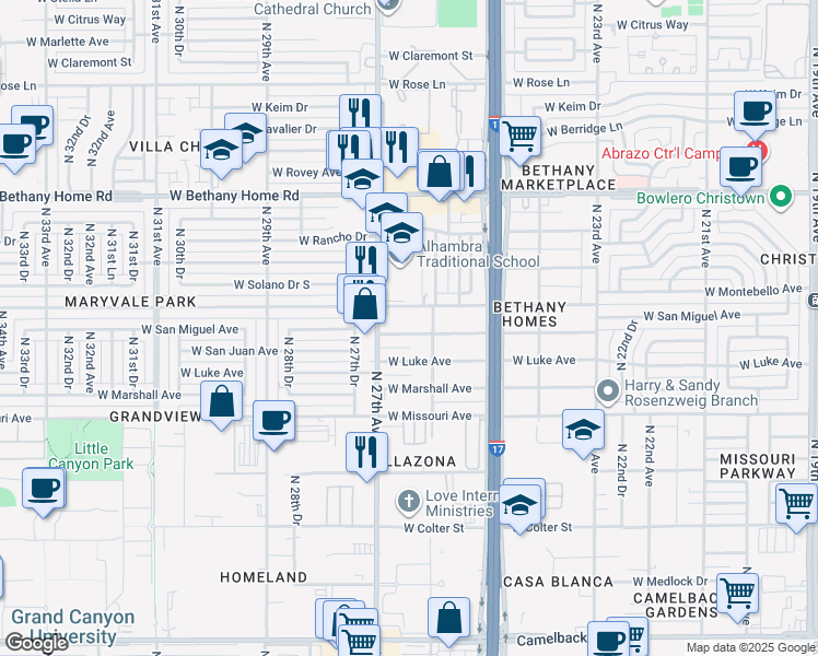 map of restaurants, bars, coffee shops, grocery stores, and more near 2630 West Luke Avenue in Phoenix
