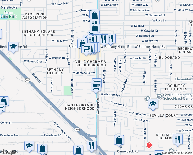 map of restaurants, bars, coffee shops, grocery stores, and more near 4400 West Missouri Avenue in Glendale