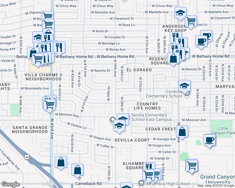 map of restaurants, bars, coffee shops, grocery stores, and more near 5647 North 39th Avenue in Phoenix