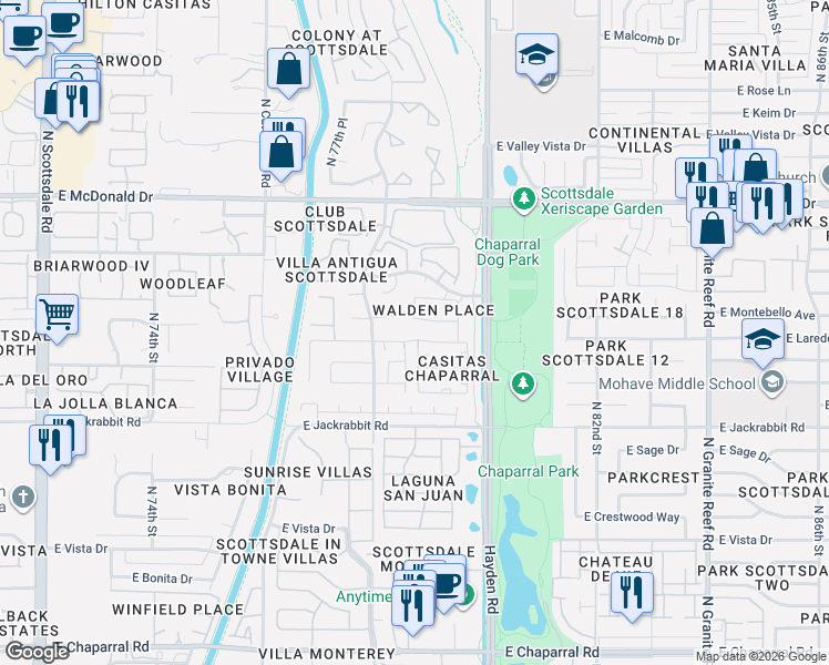 map of restaurants, bars, coffee shops, grocery stores, and more near 5654 North 78th Way in Scottsdale