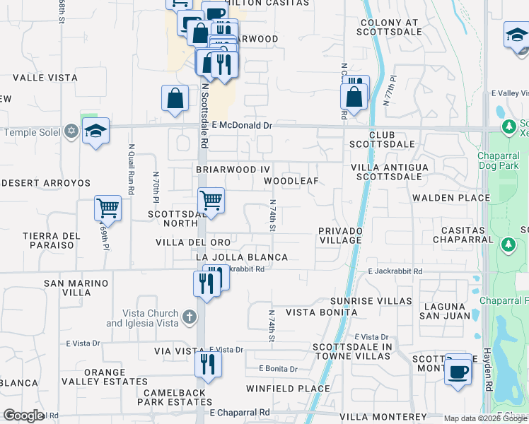 map of restaurants, bars, coffee shops, grocery stores, and more near 7328 East Laredo Lane in Scottsdale