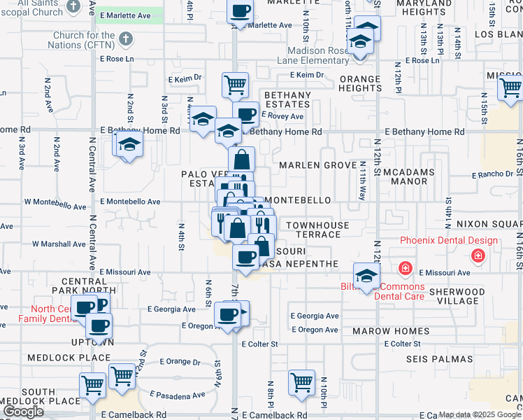 map of restaurants, bars, coffee shops, grocery stores, and more near 5615 North 7th Street in Phoenix
