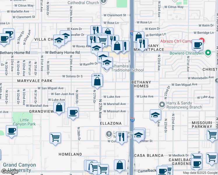 map of restaurants, bars, coffee shops, grocery stores, and more near 2630 West Luke Avenue in Phoenix