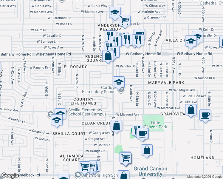 map of restaurants, bars, coffee shops, grocery stores, and more near 5631 North 35th Avenue in Phoenix