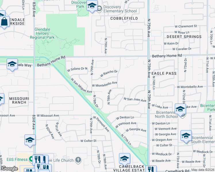 map of restaurants, bars, coffee shops, grocery stores, and more near 7817 West San Miguel Avenue in Glendale