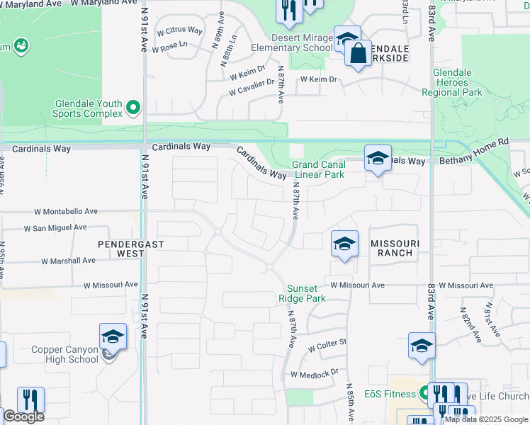 map of restaurants, bars, coffee shops, grocery stores, and more near 8752 West San Miguel Avenue in Glendale