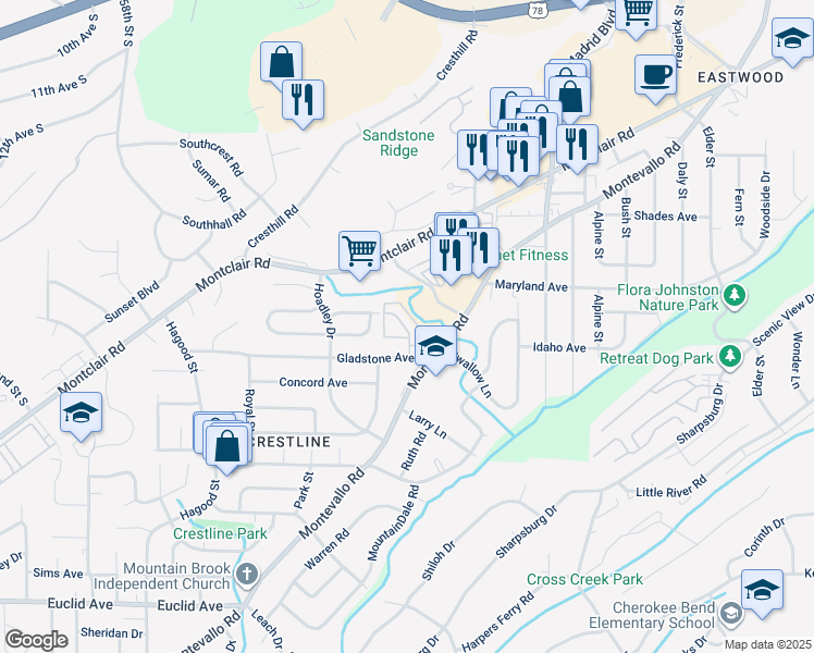 map of restaurants, bars, coffee shops, grocery stores, and more near 1272 Gladstone Avenue in Birmingham