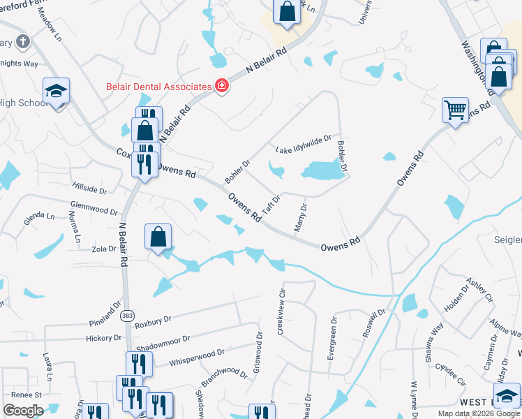 map of restaurants, bars, coffee shops, grocery stores, and more near 4376 Owens Road in Evans