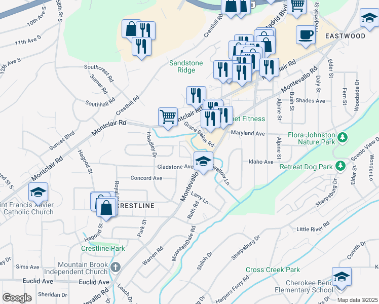 map of restaurants, bars, coffee shops, grocery stores, and more near 4447 Montevallo Road in Birmingham
