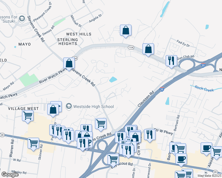 map of restaurants, bars, coffee shops, grocery stores, and more near 501 Bon Air Drive in Augusta