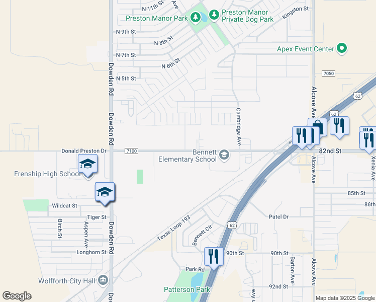 map of restaurants, bars, coffee shops, grocery stores, and more near Donald Preston Drive in Wolfforth