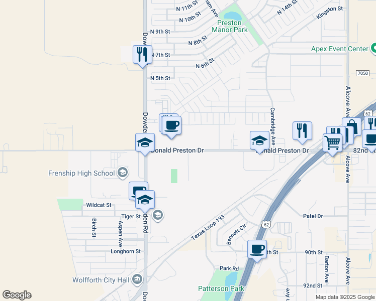 map of restaurants, bars, coffee shops, grocery stores, and more near Donald Preston Drive in Wolfforth